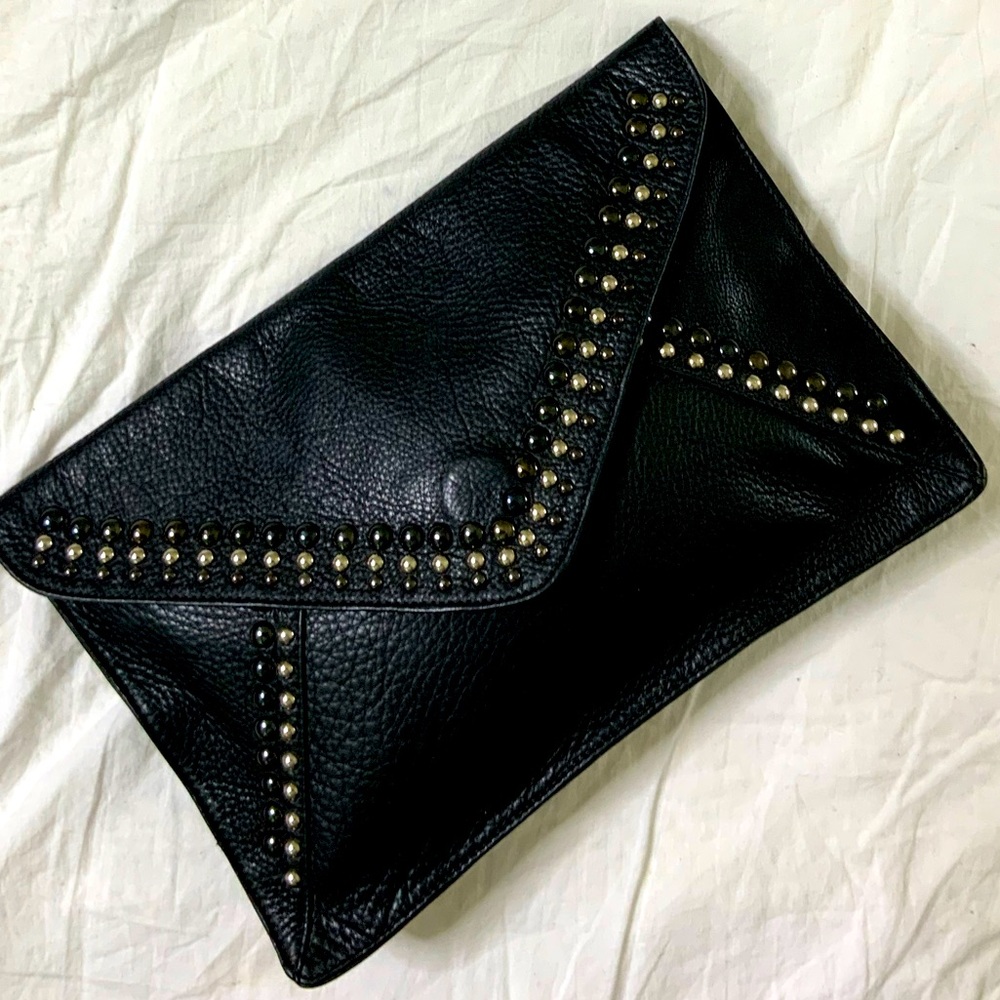 Streets Ahead Black Pebbled Leather Studded Envelope Clutch